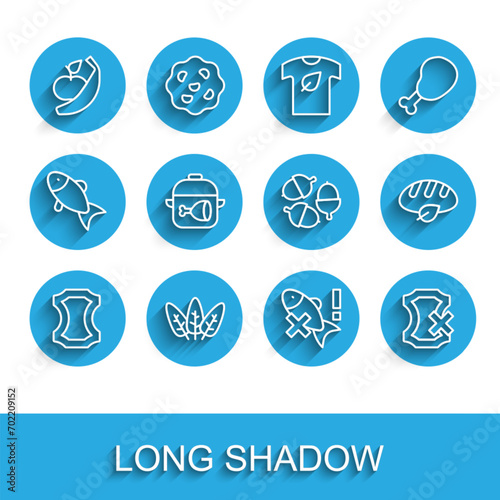 Set line Leather, Leaf, Apple and banana, No fish, leather, Cooking pot chicken leg, Vegan bread loaf and Acorn icon. Vector