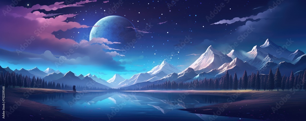 Magical nature landscape during summer night high in mountains, panorama. Generative Ai.