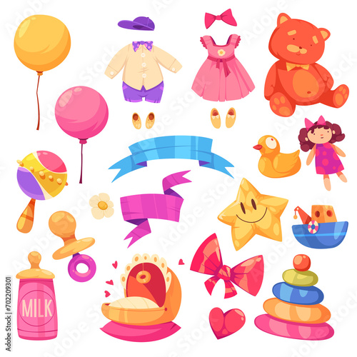 Cartoon baby shower elements collection with baby toys and ribbons