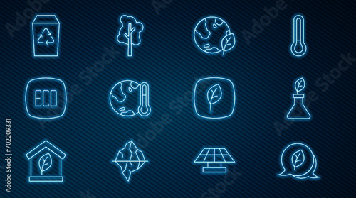 Set line Leaf Eco symbol, Plant breeding, Earth globe and leaf, melting to global warming, Recycle bin,  and Tree icon. Vector