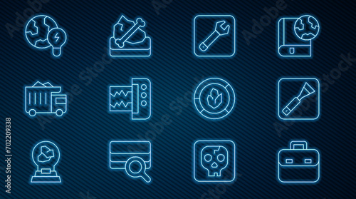 Set line Briefcase, Paint brush, Wrench spanner, Seismograph, Mining dump truck, Global planet with bulb, Soil analysis and Archeology icon. Vector