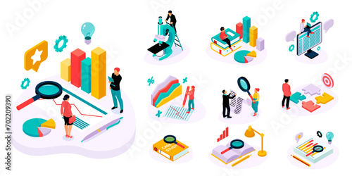 Case study illustration with icons in isometric view