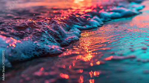 Liquid Neon style of a tranquil beach, where neon lights flow like liquid ballistic gel creating vibrant patterns of turquoise and sunset red raw. Music cover background