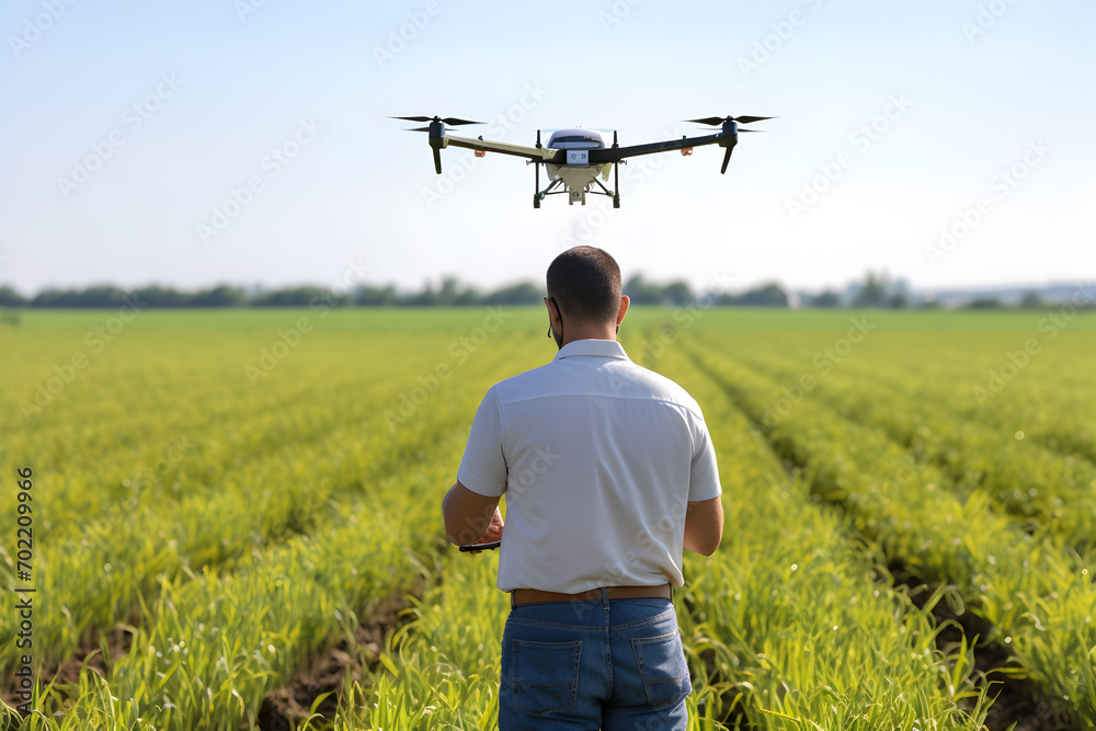 Man operating drone in wheat field on sunny day, closeup view Man operating drone in wheat field on sunny day, closeup view