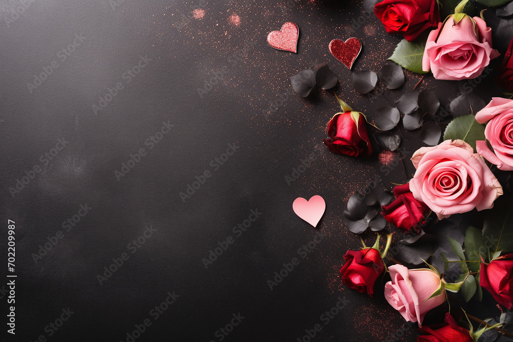 Valentine's Day Concept with Luxurious Pink and Red Roses and Heart-Shaped Confetti on a Dark Elegant Background Valentine's Day Concept with Luxurious Pink and Red Roses and Heart-Shaped Confetti on a Dark Elegant Background