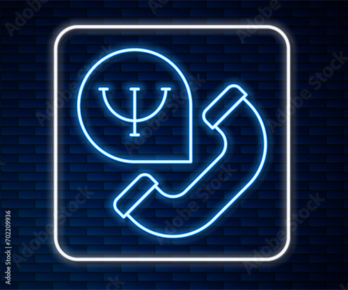 Glowing neon line Online psychological counseling distance icon isolated on brick wall background. Psychotherapy, psychological help, psychiatrist online consulting.  Vector