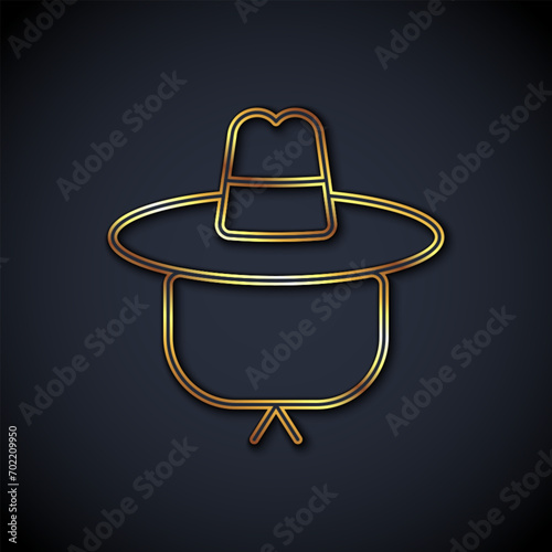 Gold line Camping hat icon isolated on black background. Beach hat panama. Explorer travelers hat for hunting, hiking, tourism.  Vector