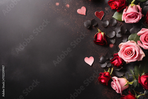 Valentine's Day Concept with Luxurious Pink and Red Roses and Heart-Shaped Confetti on a Dark Elegant Background