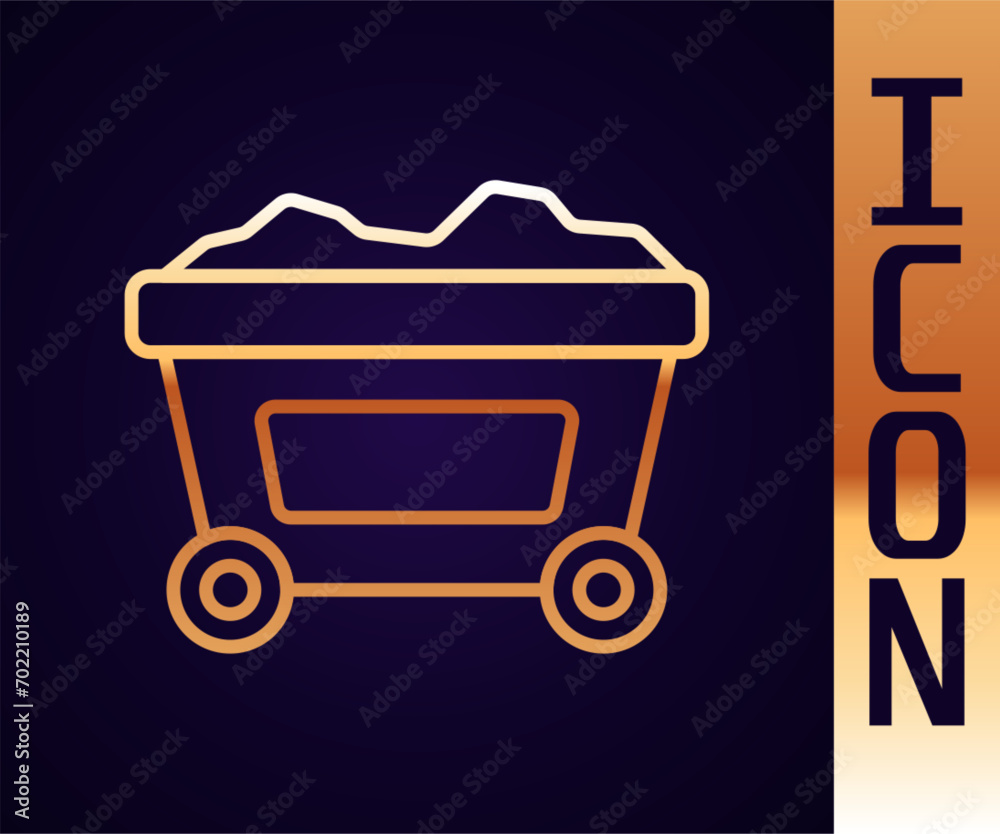 Gold line Mine cart with gold icon isolated on black background. Vector Gold line Mine cart with gold icon isolated on black background. Vector