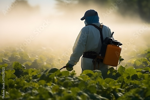 Farmer spraying pesticides on a field of beet plants in the morning
