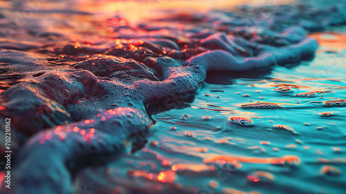 Liquid Neon style of a tranquil beach, where neon lights flow like liquid ballistic gel creating vibrant patterns of turquoise and sunset red raw. Music cover background