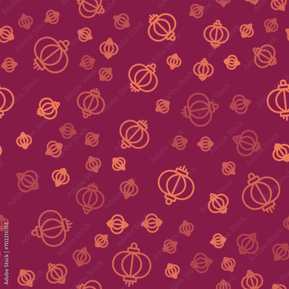 Brown line Chinese paper lantern icon isolated seamless pattern on red background. Vector Brown line Chinese paper lantern icon isolated seamless pattern on red background. Vector