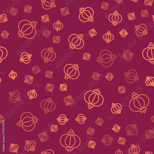 Brown line Chinese paper lantern icon isolated seamless pattern on red background. Vector
