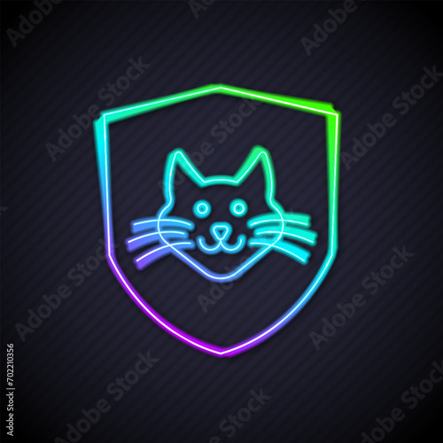 Glowing neon line Animal health insurance icon isolated on black background. Pet protection concept. Dog or cat paw print.  Vector