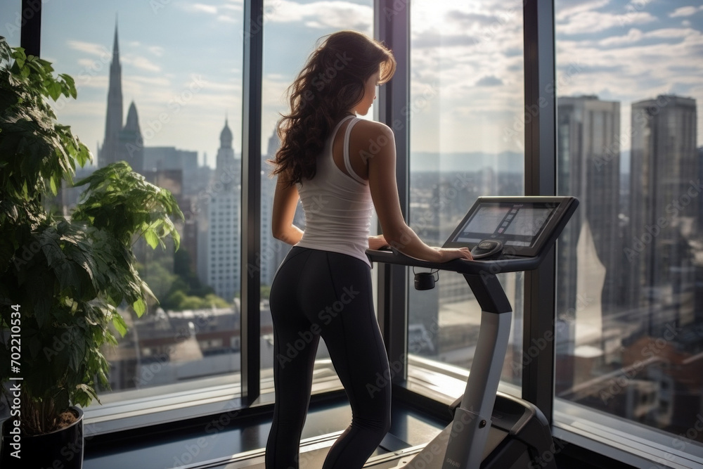Back view of pretty woman doing sports on a treadmill against the background of a panoramic window. Back view of pretty woman doing sports on a treadmill against the background of a panoramic window.
