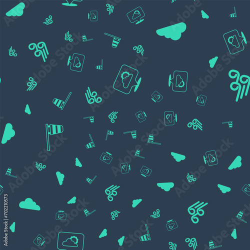 Set Location cloud, Cloud, Cone windsock wind vane and Windy weather on seamless pattern. Vector