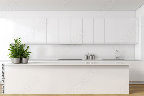 Beautiful white empty minimalistic kitchen background with white worktops, can be used as a mock up