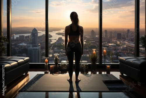 Young slim woman is doing sports at home against the background of a panoramic window