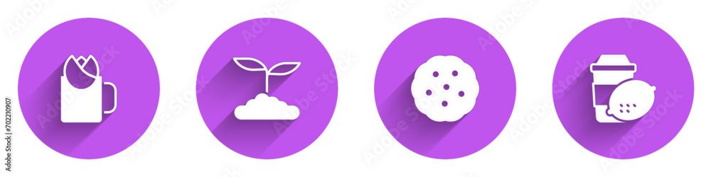 Set Cup of tea with rose, Tea leaf, Cookie or biscuit and lemon icon with long shadow. Vector Set Cup of tea with rose, Tea leaf, Cookie or biscuit and lemon icon with long shadow. Vector