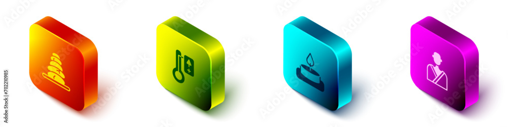Set Isometric Stack hot stones, Sauna thermometer, Aroma candle and Man in sauna icon. Vector Set Isometric Stack hot stones, Sauna thermometer, Aroma candle and Man in sauna icon. Vector