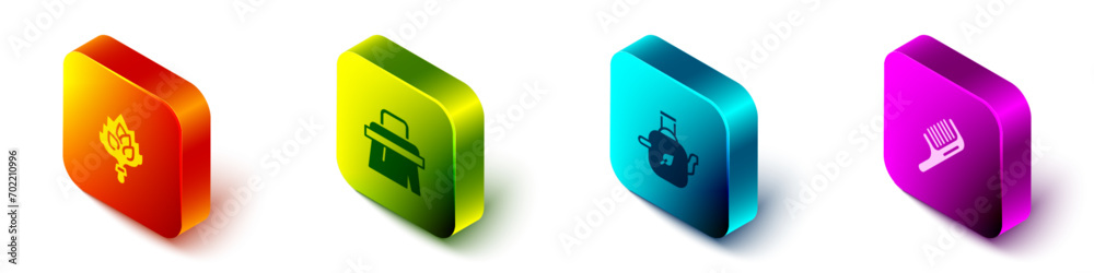 Set Isometric Sauna broom, brush, Teapot with leaf and Hairbrush icon. Vector
