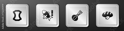 Set Leather, No fish, Onion and Vegan bread loaf icon. Silver square button. Vector