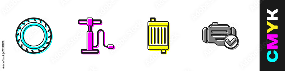 Set Car tire wheel, air pump, radiator cooling system and Check engine icon. Vector Set Car tire wheel, air pump, radiator cooling system and Check engine icon. Vector