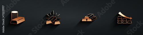 Set Gold coin with gold bars,  and Falling arrow icon with long shadow. Vector