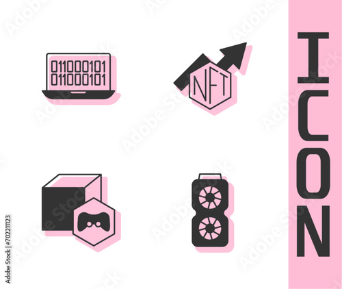 Set Video graphic card, Binary code, NFT Digital crypto art and growth bar chart icon. Vector