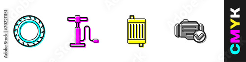 Set Car tire wheel, air pump, radiator cooling system and Check engine icon. Vector
