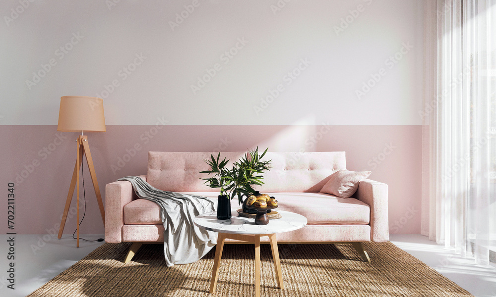 Modern minimal interior of living room with cozy pink sofa and floor lamp and white and pink concrete wall background. 3d rendering