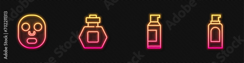 Set line Spray can for hairspray, Facial cosmetic mask, Perfume and . Glowing neon icon. Vector