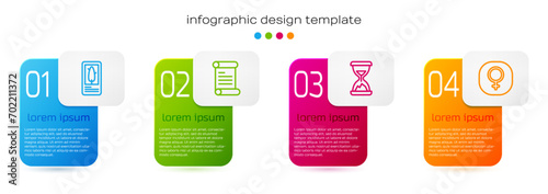 Set line Tarot cards, Decree, parchment, scroll, Old hourglass with sand and Venus. Business infographic template. Vector