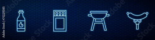 Set line Barbecue grill, Tabasco sauce, Matchbox and matches and Sausage on the fork. Glowing neon icon on brick wall. Vector