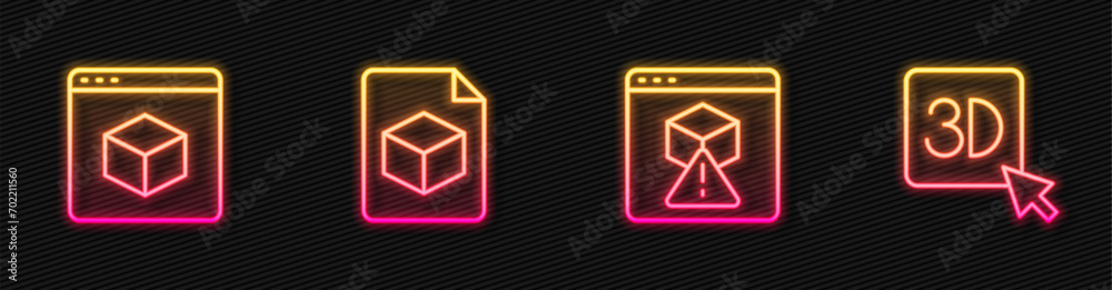 Set line 3D printer, , Isometric cube file and . Glowing neon icon. Vector