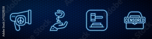 Set line Judge gavel, Peace, Caduceus snake medical and Censored stamp. Glowing neon icon on brick wall. Vector