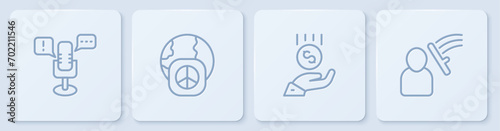 Set line Freedom of speech, Coins on hand - minimal wage, International day peace and Police beat human. White square button. Vector