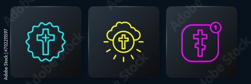 Set line Christian cross, Online church pastor preaching and Religious circle. Black square button. Vector