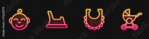 Set line Baby bib, Little boy head, potty and stroller. Glowing neon icon. Vector