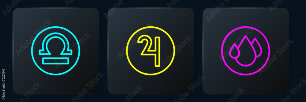 Set line Libra zodiac, Water drop and Symbol Jupiter. Black square button. Vector Set line Libra zodiac, Water drop and Symbol Jupiter. Black square button. Vector