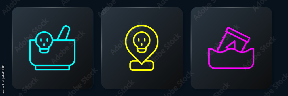 Set line Mortar and pestle, Radioactive waste in barrel and location. Black square button. Vector Set line Mortar and pestle, Radioactive waste in barrel and location. Black square button. Vector