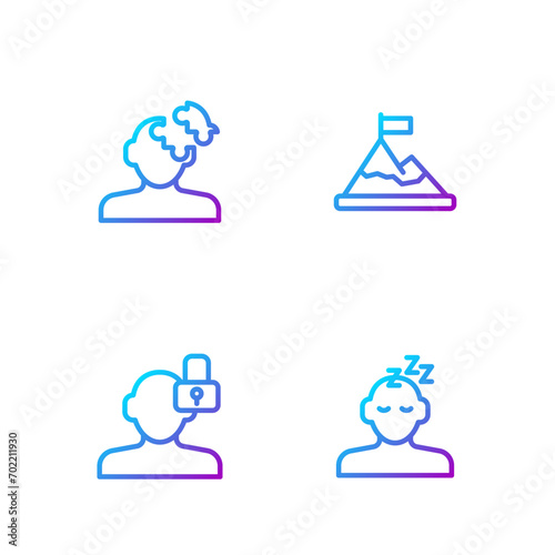 Set line Dreams, Closed personality, Solution problem in psychology and Mountains with flag top. Gradient color icons. Vector