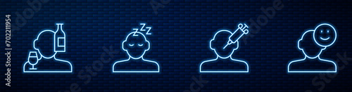 Set line Addiction to the drug, Alcoholism, Dreams and Good mood. Glowing neon icon on brick wall. Vector