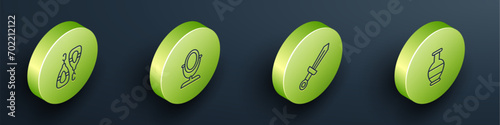 Set Isometric line Earrings, Round makeup mirror, Medieval sword and Ancient amphorae icon. Vector