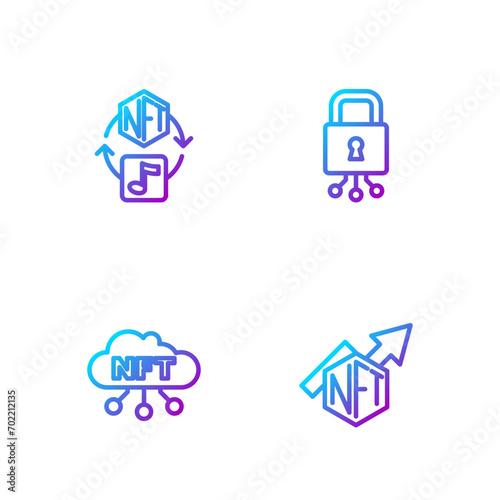 Set line NFT growth bar chart, cloud, Digital crypto and Cyber security. Gradient color icons. Vector