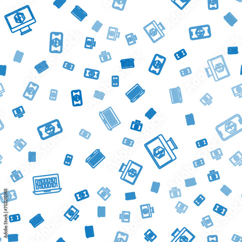 Set line Binary code, Monitor with art store app and Mobile on seamless pattern. Vector