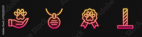 Set line Pet award symbol, Hands with animals footprint, Collar name tag and Cat scratching post toy. Glowing neon icon. Vector