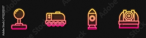 Set line Rocket ship, Joystick, Mars rover and Astronomical observatory. Glowing neon icon. Vector