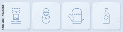 Set line Barbecue coal bag, Oven glove, Salt and Tabasco sauce. White square button. Vector