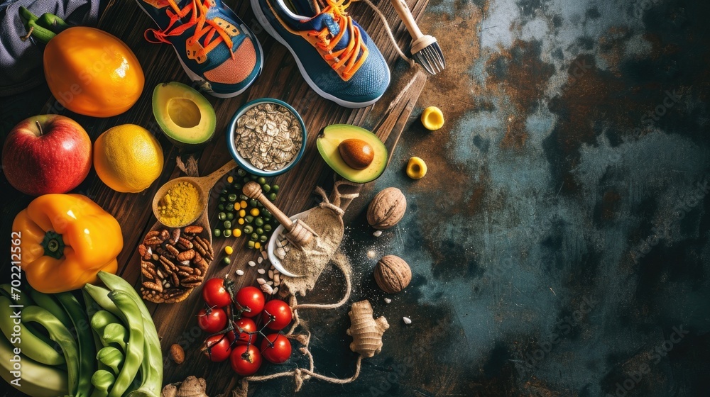 Healthy food background. Fruits, vegetables, nuts and sneakers. Top view